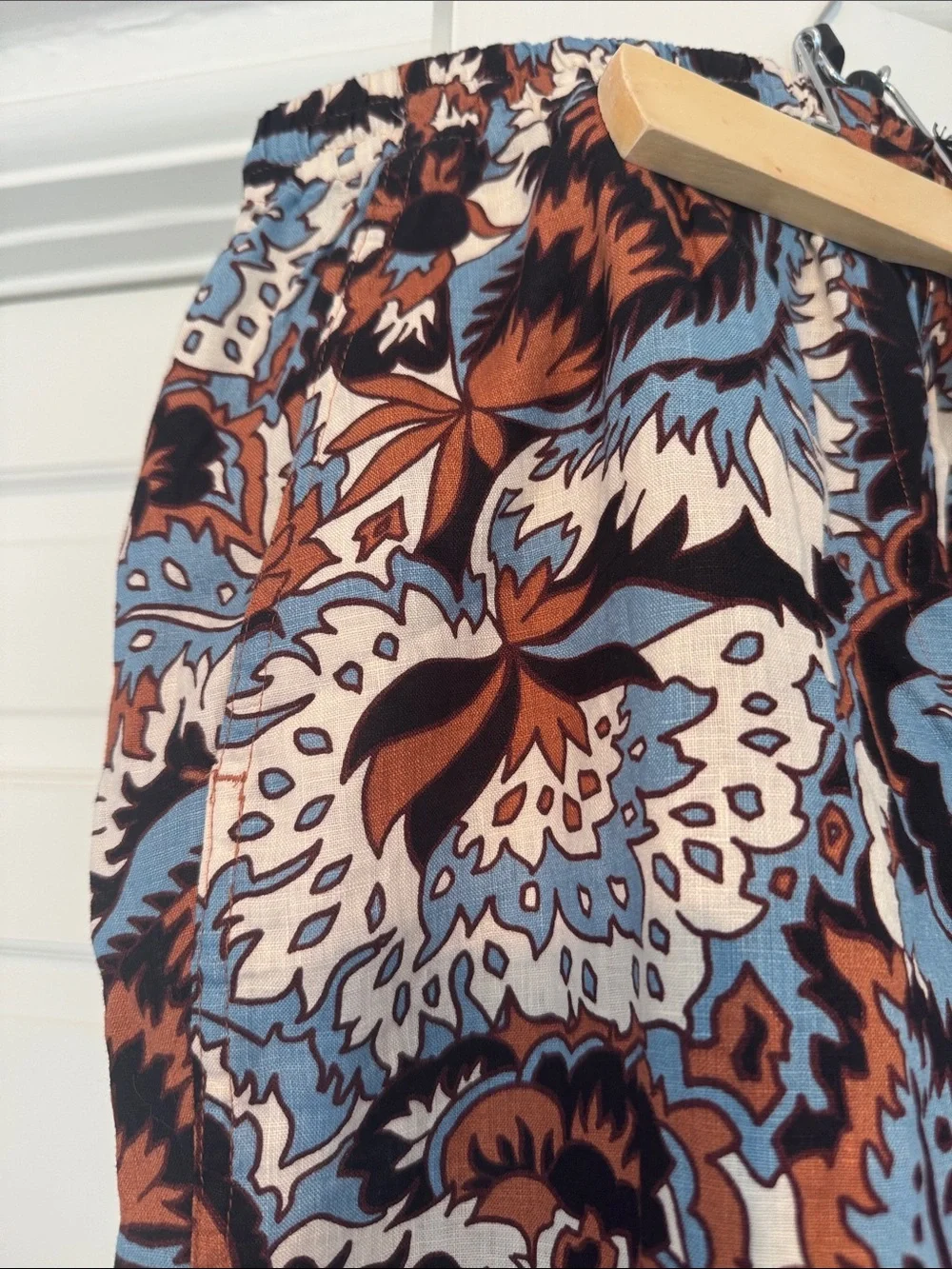 Linen Wide Leg Floral Print Pants in Blue and Brown.